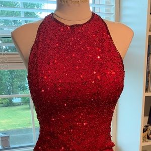Red sequence floor length dress- back slit, form fitting, zip works great